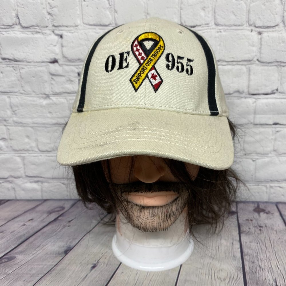 Vintage Hat Cap Strap Back Beige White OE 955 Support Our Troops STAIN - ITEM #2